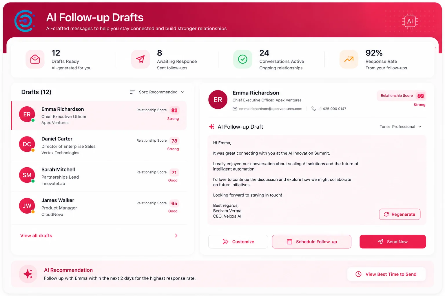 AI follow-up draft screen with a personalized, context-aware message suggestion