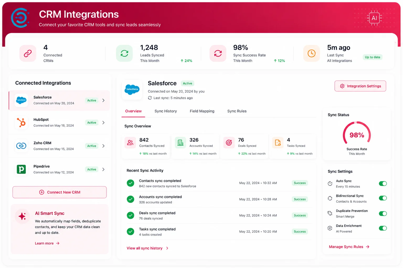 CRM integrations screen showing real-time sync with HubSpot, Salesforce, and Notion