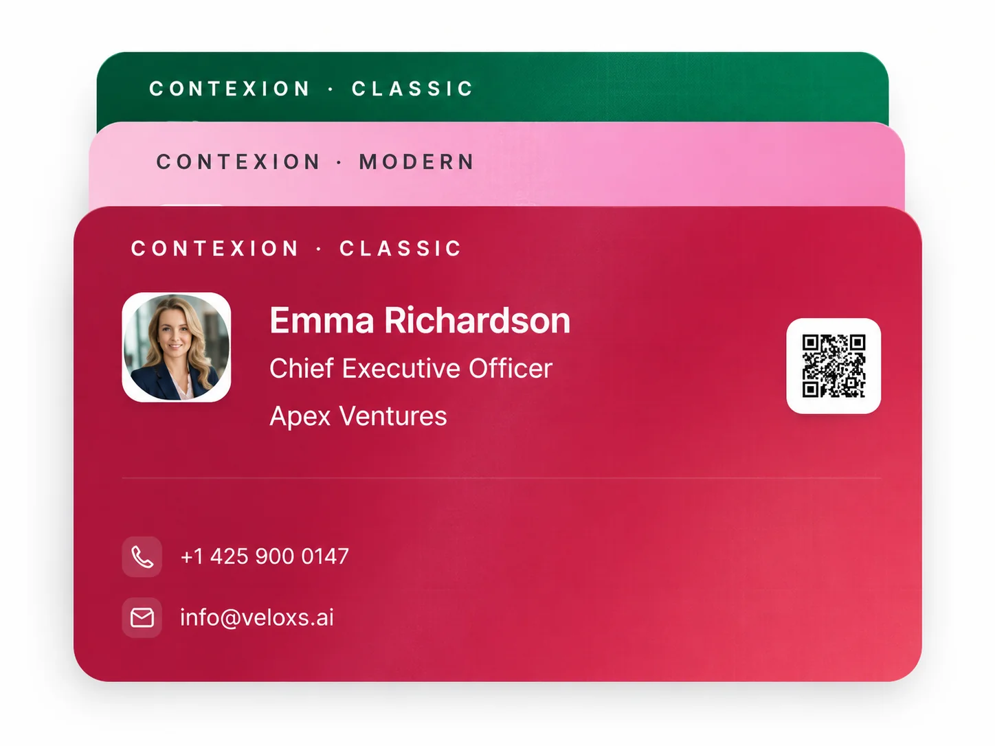 Contexion digital business card screens — card design, personalization, and sharing options