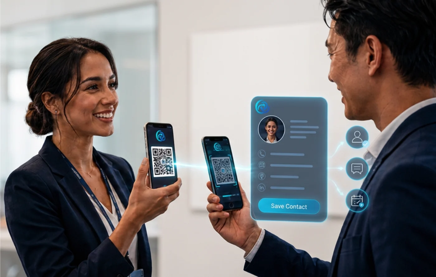 Two professionals exchanging a Contexion digital card by QR scan, with the contact record appearing on screen