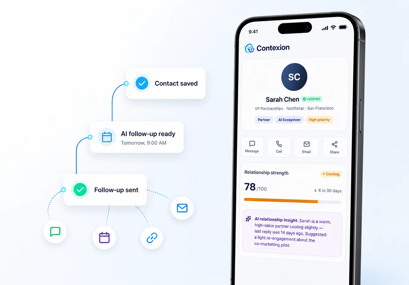 A follow-up timeline — contact saved, AI follow-up ready, follow-up sent — beside a phone showing a contact's relationship strength and an AI re-engagement suggestion
