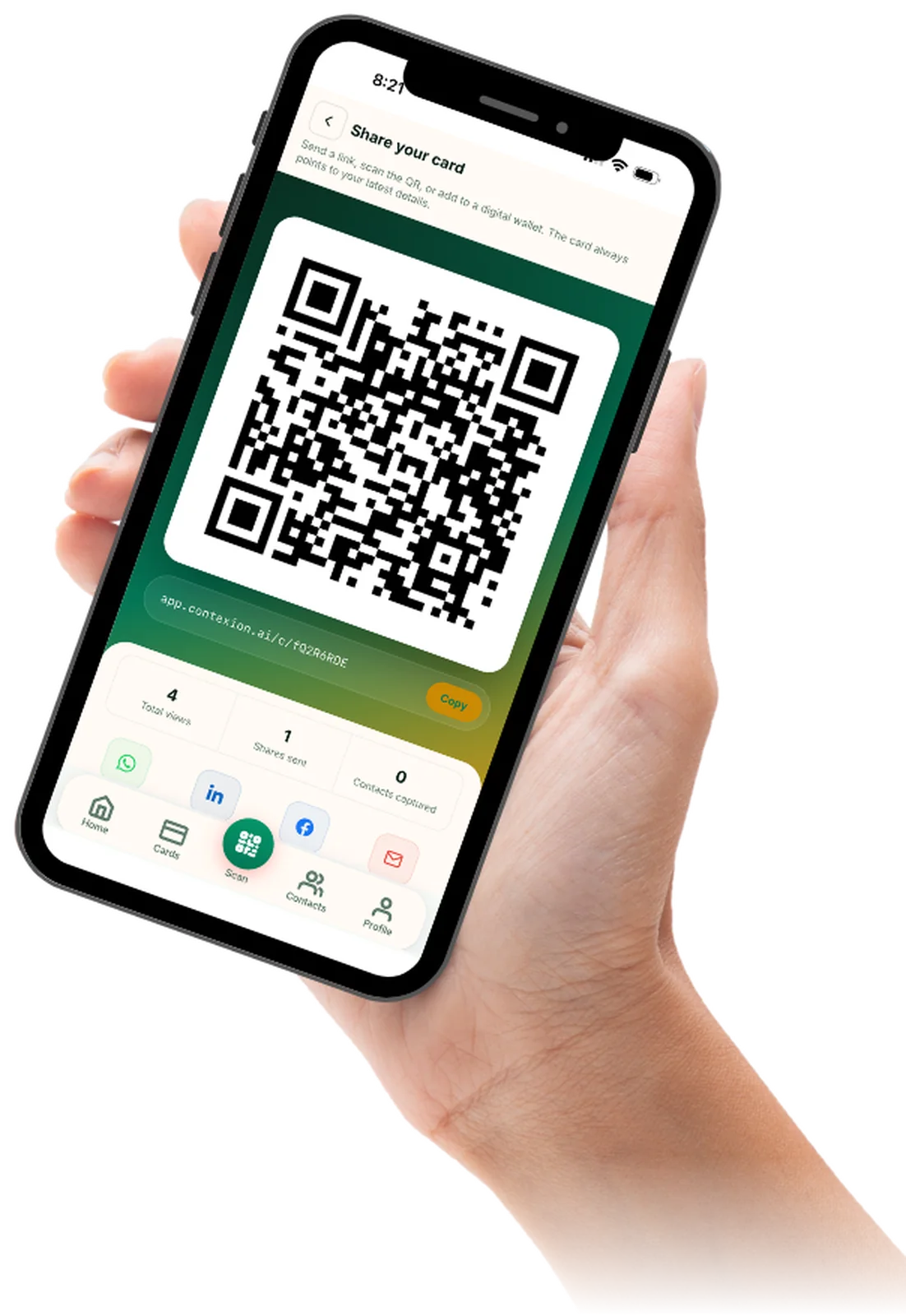 A hand holding a phone showing a Contexion card's share screen — QR code, share link, and view and capture counts