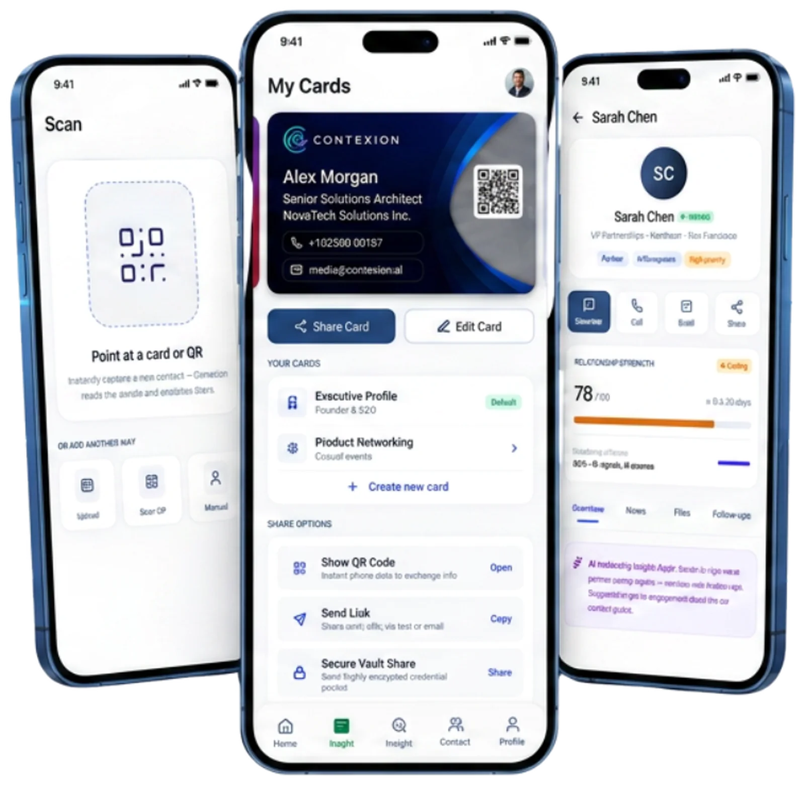 Three Contexion app screens — scanning a card, sharing your card, and a contact's relationship strength score with suggested next steps